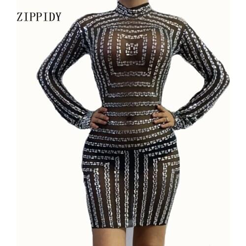 Sparkly Rhinestones Black Mesh Perspective Dress Evening Party Birthday Celebrate See Through Transparent Costume Singer Dance