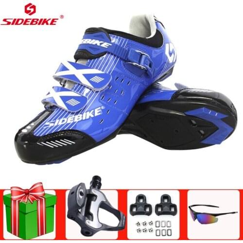 SIDEBIKE Road Cycling Shoes Sapatilha Ciclismo Add Pedal Set Glasses Blue Self-Locking Bicycle Bike Women Sneakers Men Bicicleta
