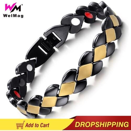 WelMag Stainless Steel Health Bracelets For Women&Men Magnetic Therapy Black Gold Color Plated Wristband Adjustable Dropshipping