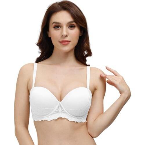 YANDW Strapless Bra Non-slip Solid Lace Floral Lingerie Padded Push Up Women Bra Patchwork Brassiere Plus Size A B C D DD E Cup