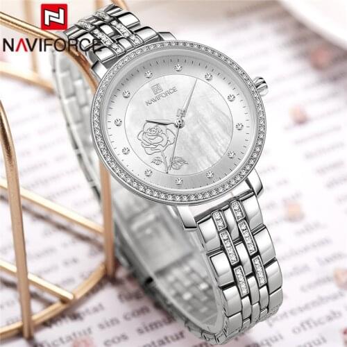 NAVIFORCE Top Luxury Brand Women Watch Rhinestone Quartz Lady Waterproof Wristwatch Silver Stainless Steel Female Clock 5017