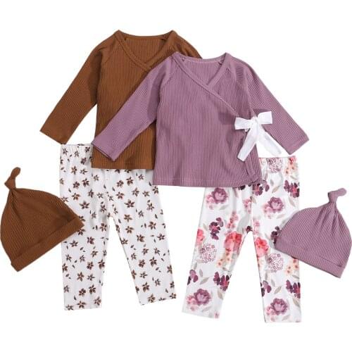 3Pcs Newborn Baby Boys Girls Childrens Clothing Spring Fall Clothes Long Sleeve Wrap Front Rib Knit Tops+Floral Pants + Hat Set
