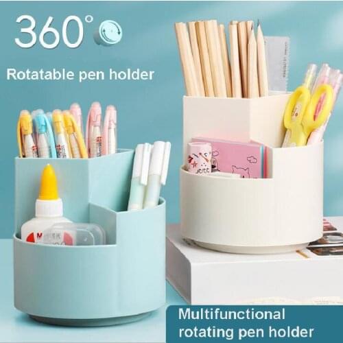 Creative pen holder multi-functional Large container 360 degree rotating round three grid pen holder desktop office storage box