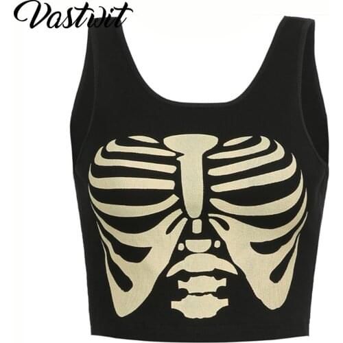 Women Sleeveless Skull Crop Top Summer Sexy Skeleton Y2k Camisole Tank Top Shirt Black