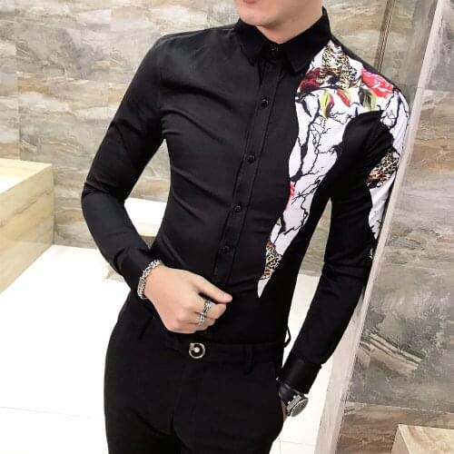 2019 New Shirt Men Single Shoulder Flower Printing Long Sleeve Slim Fit Shirts Male Black White Fashion Creative Mens Shirt