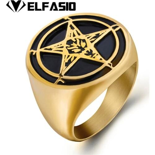 Elfasio Mens Gold plated Star Baphomet Goat Pentagram Devil Stainless steel ring Hip hop Jewelry Size 7-15