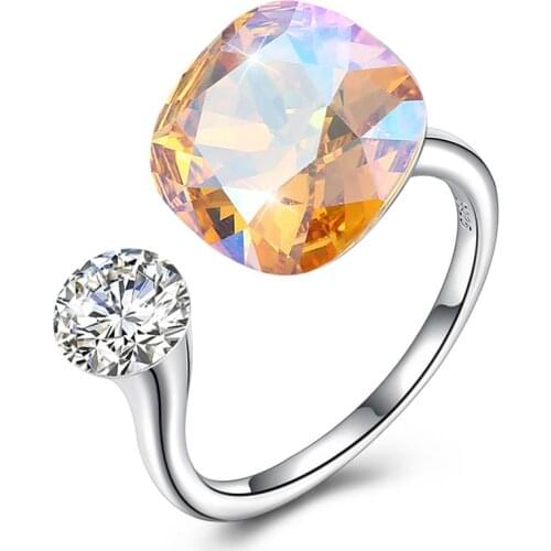 Real Silver 925 Jewelry Austrian Crystal Womens Ring Resizable Diamond Shape for Wedding Engagement Party