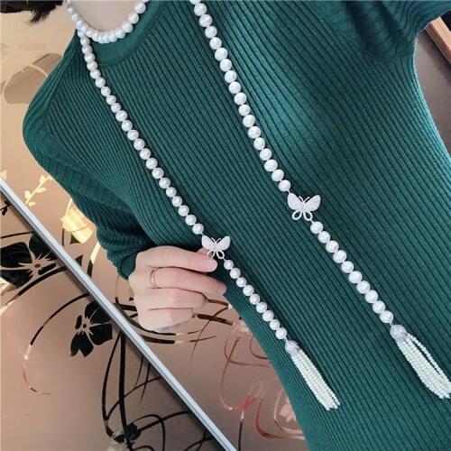 Womens fashion jewelry micro inlaid zircon butterfly accessories freshwater pearl necklace tassel pendant long sweater chain