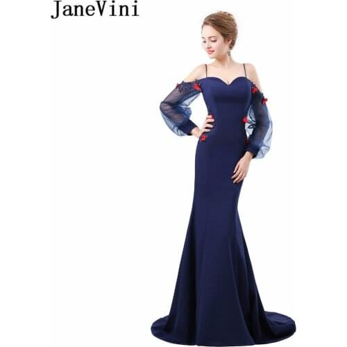 JaneVini Sexy Long Sleeves Formal Prom Dress With Spaghetti Straps Handmade Red Flowers Satin Navy Blue Bridesmaid Dress Party