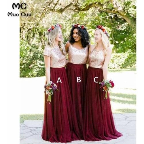 2021 Burgundy Bridesmaid Dresses A Line Sequins Floor Length Wedding Party Gowns Bridesmaid Dress Maid Of Honor Dress