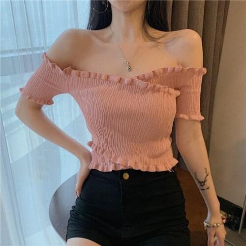 Fashion Women Summer Off Shoulder Tops Strapless Knit Crochet Sexy Crop Top Slim Fitness Cropped T-shirt