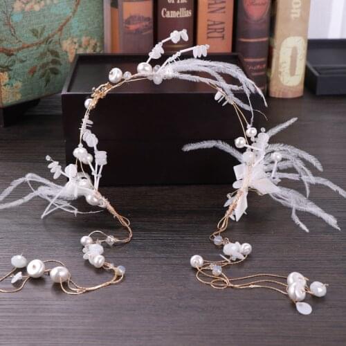 Trendy Gold Pearls Tiara Headbands Women Feather Crystal Long Hairbands Bridal Wedding Party Luxury Handmade Hair Accessories