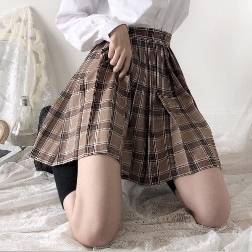 Japanese Preppy Style Orthodox Pleated Skirt School Student JK Uniform Short Skirts Grid Hight Waist Womens Pocket Bust skirt