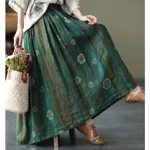 21Skirts Women Summer Women Vintage Print Loose Elastic Waist Female Fashion Expansion Skirt Ramie Wild