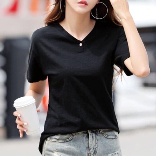 100% Cotton T Shirt Woman Summer Fashion Short Sleeve V Neck T-shirt Woman Korean Style Plus Size Shirt 2021 New Women Shirts