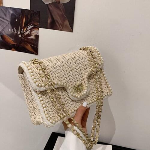 Popular Pearl Straw Woven Bag Female 2021 Trendy Fashion Chain Messenger Bag Net Celebrity Wild Small Square Bag Bag for Women