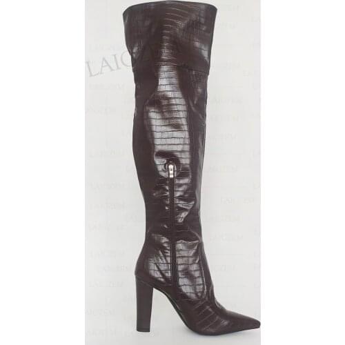 SEIIHEM Women Over Knee High Boots Side Zipper Thick Block Heels Boots Tall Faux Leather Handmade Shoes Woman Big Size 41 43 47