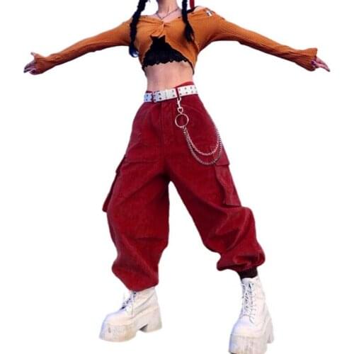 Women’s Street Hip-Hop Trousers Female’s Corduroy Harem Pants Large Pockets Loose Cargo Pants