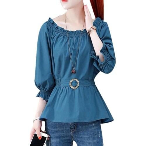 Womens Spring Autumn Style Cotton Blouses Shirt Womens Solid Color Ruffles O-Neck Elegant Casual Tops DD9103