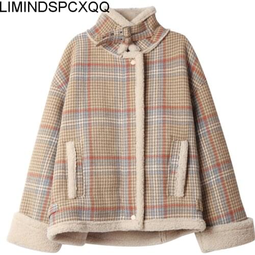 Plaid Lamb Wool Coat Womens Short 2021 Autumn And Winter Wild New Korean Version Of Loose Woolen Thick Plus Velvet Clothing