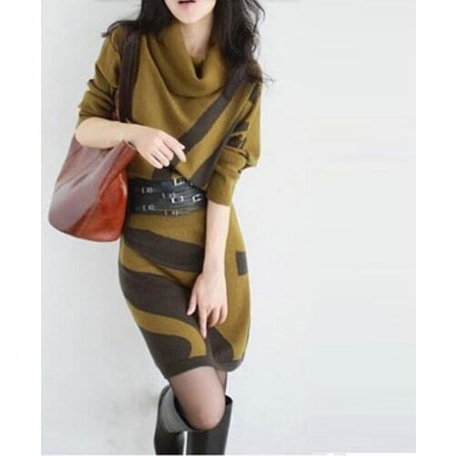 2017 New Women Spring Autumn Knitted Dress Turtleneck Long Sweater Dresses Sexy Striped Casual Loose Vestidos With Sashes AB093