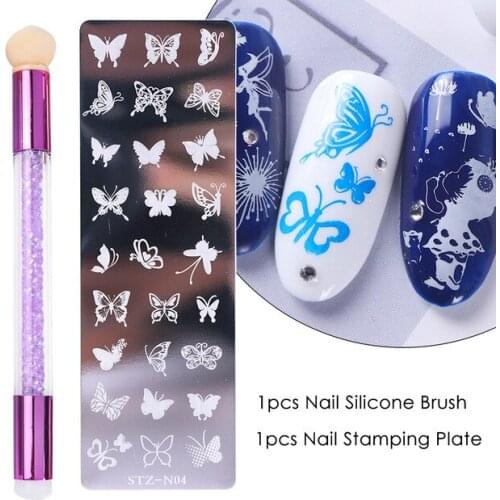 2Pcs/set Nail Stamping Plates Set Silicone Sponge Brush Polish Transfer Stencils Flower Geometry DIY Template for Nail Tools