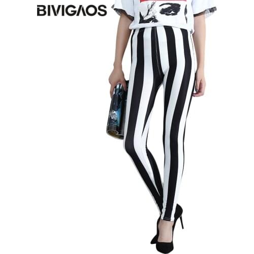 BIVIGAOS Casual Fashion Womens Black White Vertical Stripes Leggings Workout Leggings Female Milk Elastic Pencil Pants For Women
