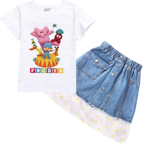Kids Clothes for Girls Pocoyoe Short Sleeve T-shirt Tops + Denim Skirt Outfits Summer Clothing Set Baby Children Fashion Costume