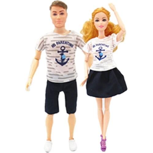 2sets/lot Couple Lover Casual Wear Costume for Barbie Doll Outfits Anchor Shirts Shorts Skirt Clothes for Ken Boy Male Doll