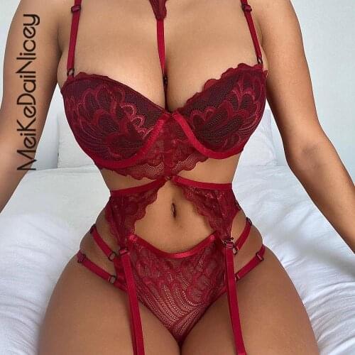 MeiKeDai Lingerie Sexy Underwear Set Halter Bra Set Lingerie Set Erotic Underwear Sets 3 Piece Set Padded Bra Lace Lingerie Set