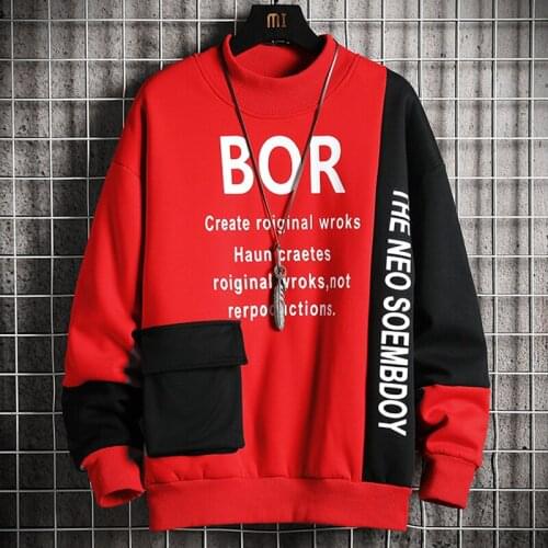 New Printed Sweatshirt Men 2021 High Street Hoodie Mens Fashion Patchwork Sweatshirts with Pocket Mens O-Neck Casual Tops