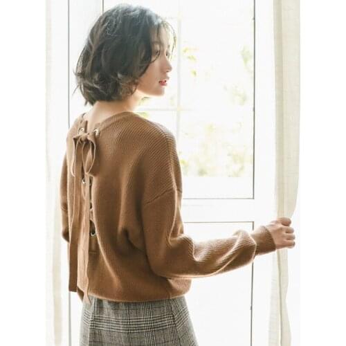 Autumn Winter Korean Sweater Women Back Lace Up Bowknot Pullover Sweaters Female Students Solid Color Casual Knitting Top H9405