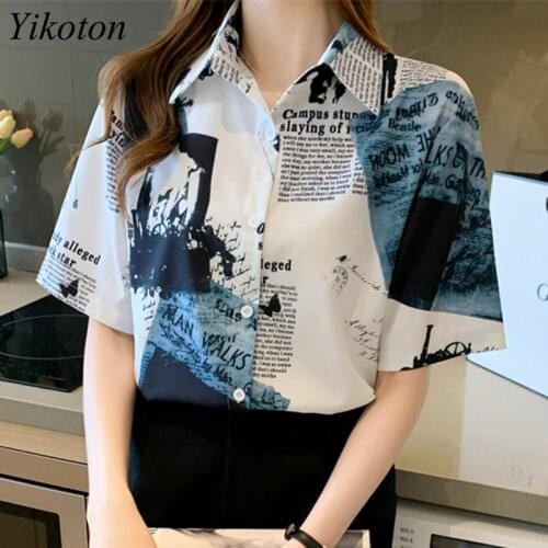 Casual Chiffon Shirt For Woman Blouse Chic 2021 Summer New Loose Korean Fashion Printing Shirts Womens Top Short Sleeve Blusas