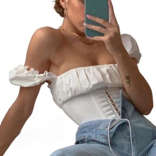 Off Shoulder Fashion Lace Up Shirts Women Lady Sweet White Clothes Vintage Tie Front Top