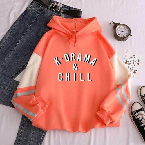 New Fahsion Fleece Hoody Kawaii K-Drama & Chill Print Loose Women Hoodies Hot Harajuku Contrast Color Sweatshirt Pullover Tops