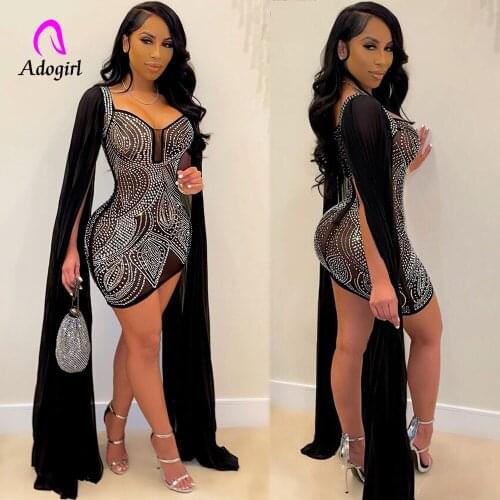 Crystal Women Mini Dress Black Long Sleeve Solid Bodycon Evening Dress 2021 Autumn Sexy Sheer Low Cut Night Club Party Vestidos