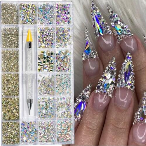 21 Grids 3D Glitter Nail Rhinestones with Drill Pen Mixed Size Shiny Crystal Diamonds AB Flatback Nail Art Decorations Gems