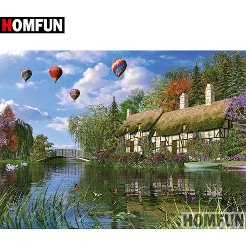 HOMFUN 5D DIY Diamond Painting Full Square/Round Drill "House lake" Embroidery Cross Stitch gift Home Decor Gift A08413