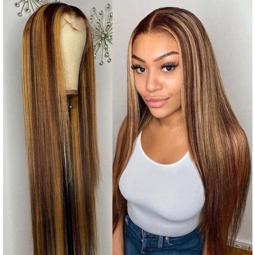 Angelbella 13x1 Straight T Part Lace Wig Highlight Wig Brown Colored Human Hair Wigs 4/27# Highlight Human Hair Wigs For Women