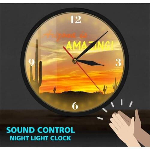 Arizona is Amazing Large Saguaro Cactus Metal Frame Luminous Wall Clock Desert View Sound Control Wall Watch Home Decor Wall Art