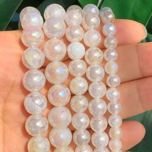 Natural White Electroplated Snow Cracked Dragon Veins Fire Agates Beads Loose Stone Bead for DIY Jewelry Making Bracelets 15"