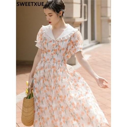 SWEETXUE French Vintage Beautiful Romantic Printed Dress Womens Lace Patchwork Chic Elegant Female Summer Long Party Dress