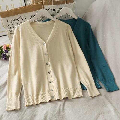 Retro Casual Single Breasted V-neck Cardigan Long Sleeve Womens 2021 Summer Loose And Thin Solid Color Knitting Top