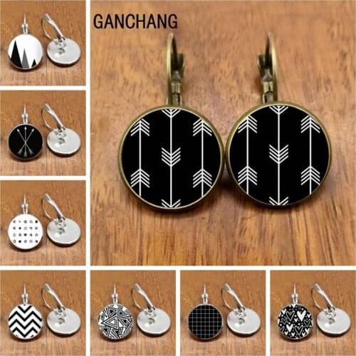 Geometric black and white polyester throw striped dotted grid triangle geometric art picture glass earrings