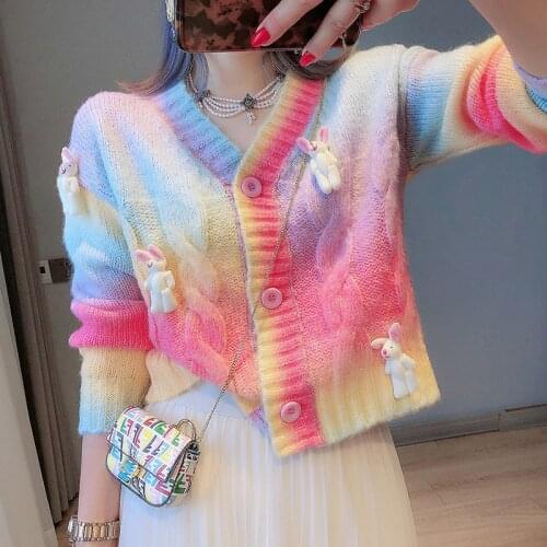 Rainbow Gradient Rabbit Doll Cardigans Cropped Sweater 2021 Autumn New Short Oversized Cardigan V-neck Loose Cardigan Sweater