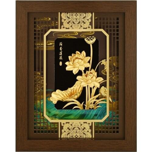Lotus Flower Traditional Chinese Art Painting Gold Foil Painting Wall Art Picture for Living Room Home Decor With Framed Mirrors