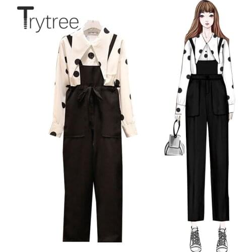 Trytree Spring Autumn Women Two Piece Set Casual Turn-down Collar Lace Blouse Top + Overalls Pants Solid Pockets 2 Piece Set