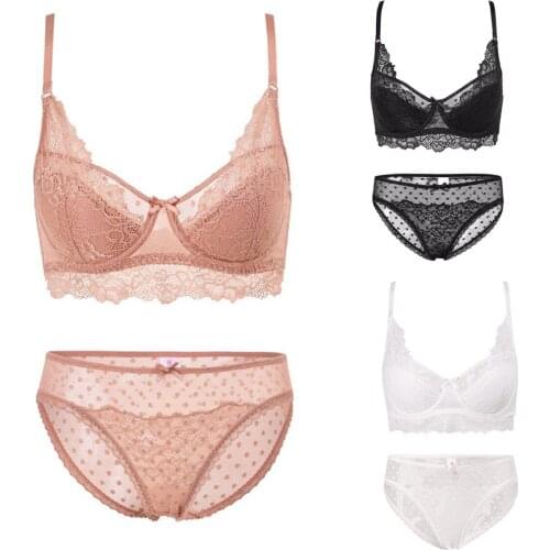 Summer Sexy Lace Lingerie Set Thin Memory Soft Underwire Crystal Cup Big Chest Look Smaller Push Up Adjustable Underwear Set