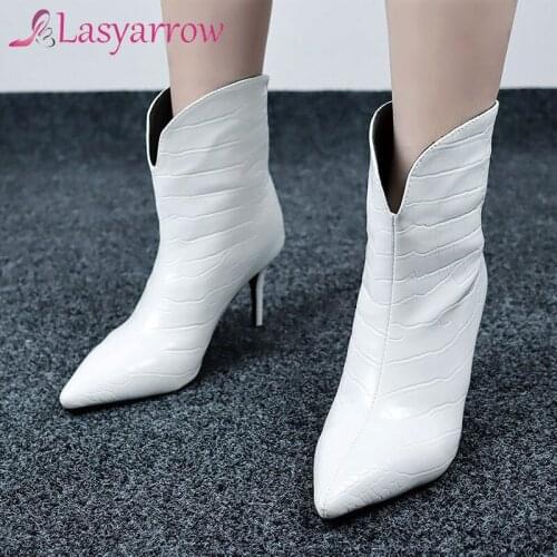 Lasyarrow 2020 New Brand Women Boots Fashion Super High Heels Ankle Boots Faux Leather Autumn Pointed Toe Boots Winter Boots
