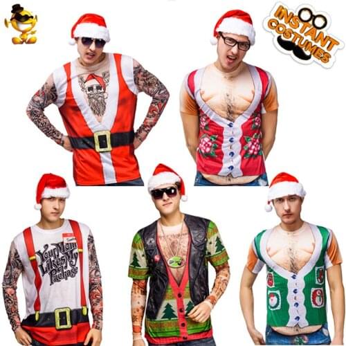 Adult Mens Santa T-shirt Costume Long Sleeve T-shirt Christmas 3 D Muscle Shirt Top for Santa Claus Costume